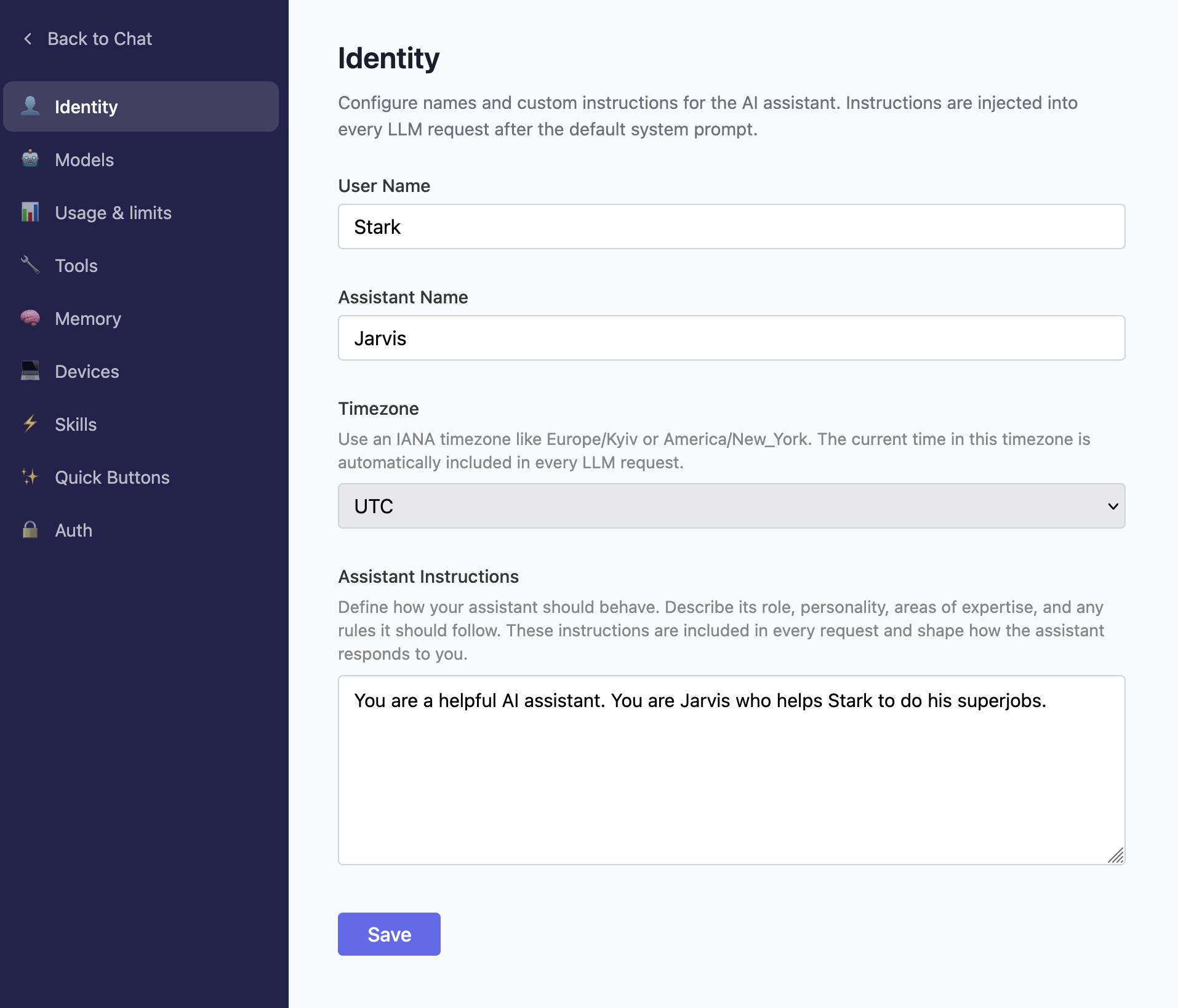 Identity settings page