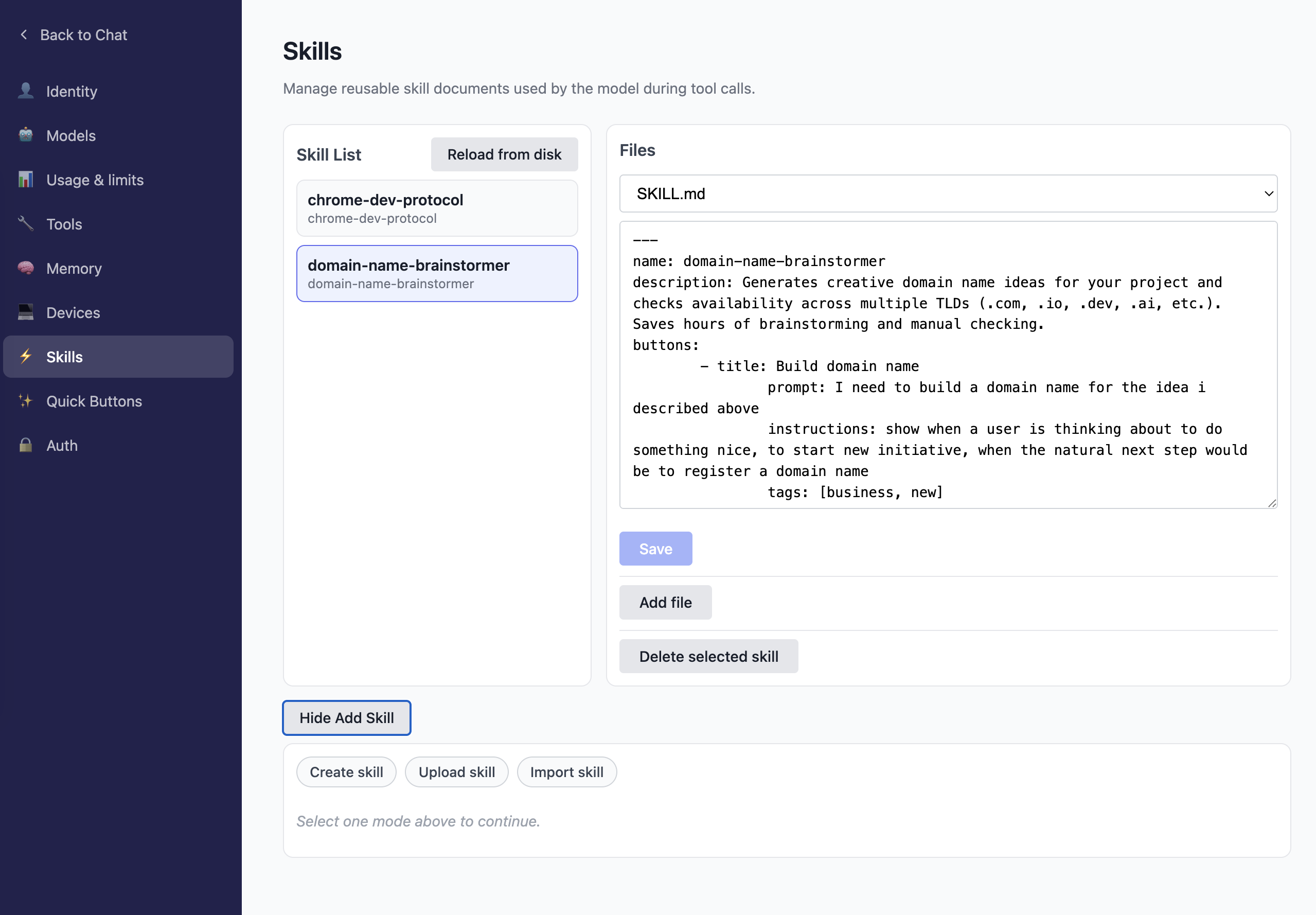 Add skill panel (create/upload/import)