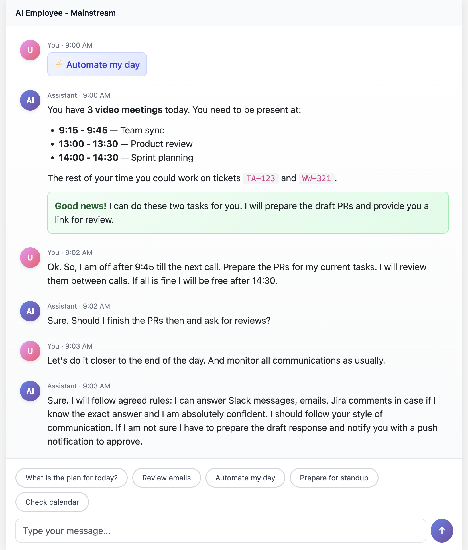 DMJBot conversation example showing email automation